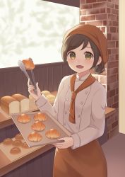 Rule 34 | 1girl, :d, absurdres, bakery, bread, brown eyes, brown hair, brown headwear, brown neckwear, food, highres, holding, holding tray, indoors, long sleeves, looking at viewer, open mouth, original, shirt, shop, short hair, smile, standing, tongs, tray, white shirt, yutuka01