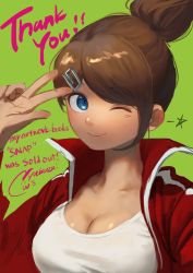 Rule 34 | 1girl, asahina aoi, blue eyes, breasts, brown hair, cleavage, collarbone, commentary request, danganronpa: trigger happy havoc, danganronpa (series), dark-skinned female, dark skin, english text, green background, hair ornament, hairclip, jacket, large breasts, long neck, looking at viewer, nyuukazai, one eye closed, open clothes, open jacket, ponytail, red jacket, short hair, signature, smile, solo, star (symbol), star print, thank you, upper body, v, w
