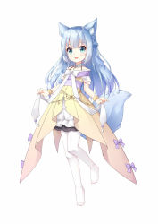 Rule 34 | 1girl, :d, animal ear fluff, animal ears, bare shoulders, blue hair, blush, bow, braid, brown dress, brown scrunchie, chihong de tianshi, collarbone, commentary request, dress, fox ears, fox girl, fox tail, full body, green eyes, highres, long hair, looking at viewer, no shoes, off-shoulder dress, off shoulder, open mouth, original, pantyhose, purple bow, scrunchie, simple background, skirt, smile, solo, tail, very long hair, white background, white pantyhose, white skirt, wrist scrunchie