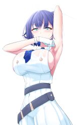 Rule 34 | 1girl, absurdres, aoi (blue archive), armpits, blue archive, blue hair, blue necktie, blush, breasts, copyright request, embarrassed, gloves, highres, large breasts, mole, mole under eye, necktie, pointy ears, poolpool, short hair, sideboob, solo, white gloves