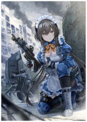 Rule 34 | 1girl, aircraft, airplane, apron, armored vehicle, assault rifle, battlefield, black hair, blouse, blue shirt, blue skirt, boots, border, bow, bowtie, breasts, building, camouflage, cleavage, cloud, cloudy sky, extra, f-15 eagle, fighter jet, frilled apron, frilled skirt, frills, gloves, grey footwear, gun, highres, holster, jet, juliet sleeves, knee pads, load bearing vest, long hair, long sleeves, m4 carbine, maid, maid apron, maid headdress, medium breasts, military, military vehicle, on one knee, orange bow, orange bowtie, original, parted lips, pinakes, puffy sleeves, reloading, rifle, second-party source, shirt, skirt, sky, smoke, tactical clothes, tactical maid, thighhighs, unconventional maid, urban camouflage, weapon, white border, wrist cuffs, yellow eyes