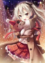 Rule 34 | 10s, 1girl, :d, akashio (loli ace), bandages, black thighhighs, blush, boko (girls und panzer), brown coat, brown eyes, building, buttons, capelet, christmas, christmas lights, christmas tree, city lights, coat, cowboy shot, crescent moon, girls und panzer, grey eyes, hair between eyes, hair ribbon, hairband, happy, hat, highres, hug, long hair, long sleeves, looking at viewer, moon, night, night sky, one side up, open mouth, plaid, plaid skirt, pleated skirt, red skirt, ribbon, santa hat, shimada arisu, shirt, silver hair, skirt, sky, smile, solo, star (symbol), stitches, striped, stuffed animal, stuffed toy, teddy bear, teeth, thighhighs, tongue, unbuttoned, white shirt, zettai ryouiki