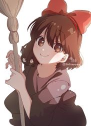 Rule 34 | 1girl, animal, animal on shoulder, black cat, bow, broom, brown dress, brown eyes, brown hair, cat, closed mouth, commentary request, dress, hair between eyes, hair bow, highres, holding, holding broom, jiji (majo no takkyuubin), kiki (majo no takkyuubin), looking at viewer, majo no takkyuubin, red bow, short sleeves, signature, simple background, smile, sofra, twitter username, white background