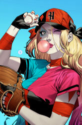 Rule 34 | 1girl, ball, baseball, baseball cap, baseball glove, baseball uniform, batman (series), black gloves, blue background, blue eyes, blue eyeshadow, blue hair, breasts, bright pupils, chewing gum, comic cover, commentary, cover image, dan mora, dc comics, english commentary, eyeshadow, facial mark, gloves, gradient hair, hair behind ear, harley quinn, hat, heart, heart facial mark, highres, holding, holding ball, long hair, makeup, medium breasts, multicolored hair, official art, pale skin, pink eyeshadow, pink hair, pink lips, red nails, solo, sportswear, two-tone headwear, upper body, very long hair, western comics (style), white pupils