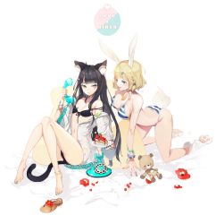 Rule 34 | 2girls, all fours, animal ears, anklet, antique phone, barefoot, bikini, black bikini, black hair, blonde hair, blue eyes, bracelet, cake, cat ears, cat tail, choker, corded phone, feet, food, front-tie top, gio (maroon0924), jewelry, multiple girls, nail polish, off shoulder, open clothes, open shirt, original, paw shoes, petals, phone, rabbit ears, rabbit tail, rotary phone, sandals, shiny skin, shirt, shoes, sitting, strap slip, striped bikini, striped clothes, stuffed animal, stuffed toy, swimsuit, tail, teddy bear, toenail polish, toenails, unworn shoes, yellow eyes
