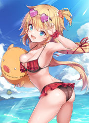 Rule 34 | 1girl, :d, akai haato, arm up, armpits, ass, bare arms, bare legs, bare shoulders, beach, bikini, bikini skirt, blonde hair, blue eyes, blue sky, blush, breasts, cleavage, cloud, commentary request, cowboy shot, day, eyewear on head, frilled bikini, frills, haaton (akai haato), hair ornament, heart, heart-shaped eyewear, highres, holding, hololive, konnyaku (kk-monmon), long hair, looking at viewer, medium breasts, ocean, open mouth, outdoors, red bikini, scrunchie, sideboob, skindentation, sky, smile, solo, standing, sunglasses, swimsuit, twintails, v, very long hair, virtual youtuber, water, wrist scrunchie