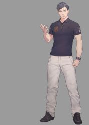 Rule 34 | 1boy, absurdres, black hair, clenched hand, frown, full body, grey background, grey eyes, highres, kyokugen dasshutsu, looking to the side, male focus, muscular, official art, polo shirt, shoes, short hair, sigma (kyokugen dasshutsu), simple background, sneakers, solo, tomono rui, zero escape: toki no jirenma