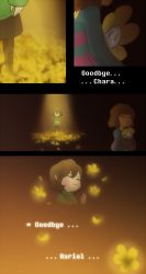Rule 34 | ^ ^, ad, androgynous, black legwear, blush stickers, brown hair, carrying, chara (undertale), closed eyes, comic, english text, fading, field, flower, flower bed, flower field, flower pot, flowey (undertale), frisk (undertale), gender request, head down, highres, long sleeves, pantyhose, petals, shirt, smieska, smile, spoilers, spotlight, standing, striped clothes, striped shirt, undertale, waving