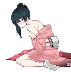 Rule 34 | 1girl, ass, bare shoulders, black hair, blue eyes, blush, breasts, covering privates, covering breasts, from side, full body, hair between eyes, hair ornament, hair up, highres, japanese clothes, kimono, kurumaou, large breasts, long sleeves, looking at viewer, medium hair, mole, mole on neck, nijisanji, obi, off shoulder, onomachi haruka, pink kimono, sash, sideboob, simple background, sitting, socks, solo, sweatdrop, virtual youtuber, wariza, white background
