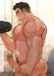 Rule 34 | 1boy, abs, arm hair, ass, ass hair, ass lift, bara, biceps, black hair, blur censor, blush, censored, chest hair, completely nude, covered penis, dumbbell, erection, exercising, facial hair, feet out of frame, from side, glasses, goatee, hairy, hand up, highres, indoors, jockstrap, large pectorals, long sideburns, male focus, male pubic hair, male underwear, mature male, muscular, muscular male, navel, navel hair, nipples, nude, original, paid reward available, pectorals, penis, pubic hair, shan (shanshankuo), short hair, sideburns, solo, stomach, sunlight, sweat, thighs, tsi-ho (shan), underwear, veins, veiny arms, weightlifting