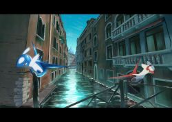 Rule 34 | blue sky, building, canal, city, commentary request, creatures (company), day, fence, flying, game freak, gen 3 pokemon, highres, latias, latios, legendary pokemon, letterboxed, nintendo, no-goku (penicillium), no humans, outdoors, pokemon, pokemon (anime), pokemon (classic anime), pokemon (creature), pokemon heroes: latios &amp; latias, sky, water, window