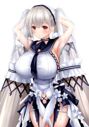 Rule 34 | 1girl, absurdly long hair, absurdres, armpits, arms behind head, azur lane, black choker, black neckwear, black sailor collar, bow, breasts, choker, clothing cutout, cowboy shot, dress, dress bow, dress flower, feather dress, flower, formidable (azur lane), formidable (timeless classics) (azur lane), gintokyhenry, hair ornament, highres, huge breasts, long hair, looking at viewer, navel cutout, official alternate costume, platinum blonde hair, red eyes, sailor collar, see-through, simple background, sleeveless, sleeveless dress, solo, twintails, two-tone dress, two-tone ribbon, veil, very long hair, white background, white dress, white flower