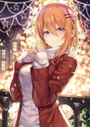 Rule 34 | 1girl, aged up, alternate breast size, alternate costume, aran sweater, breasts, cable knit, christmas, coat, commentary, eyes visible through hair, gochuumon wa usagi desu ka?, hair between eyes, hair ornament, hairclip, hands up, highres, hoto cocoa, ks (xephyrks), large breasts, long sleeves, looking at viewer, medium hair, night, outdoors, purple eyes, railing, red coat, sleeves past wrists, smile, snowing, solo, star (symbol), steepled fingers, sweater, turtleneck, turtleneck sweater, unbuttoned, upper body, white sweater