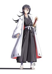 Rule 34 | 1girl, aged up, automatic giraffe, black hair, bleach, breasts, closed mouth, commentary, full body, hair between eyes, highres, japanese clothes, kuchiki rukia, long hair, looking at viewer, mixed-language commentary, purple eyes, shinigami, solo, standing, weapon