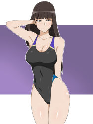 Rule 34 | 10s, 1girl, adjusting hair, arm behind back, arm behind head, arm up, armpits, bare arms, bare legs, bare shoulders, black eyes, black hair, blunt bangs, breasts, brown eyes, brown hair, collarbone, competition swimsuit, female focus, girls und panzer, highleg, highleg swimsuit, highres, hime cut, kagemusha, large breasts, legs, leotard, long hair, looking at viewer, mature female, neck, nishizumi shiho, one-piece swimsuit, shiny skin, solo, standing, sweat, sweatdrop, swimsuit