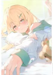 Rule 34 | 1girl, absurdres, barefoot, blonde hair, blue eyes, blush, closed mouth, hair between eyes, hair ornament, hairclip, hana mori, hand on own arm, highres, hololive, kazama iroha, long hair, looking at viewer, loose clothes, lying, on bed, on stomach, outstretched arm, pokobee, scan, the pose, virtual youtuber