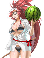 Rule 34 | 1girl, alternate costume, amputee, baiken, big hair, bikini, black bikini, breasts, cleavage, collared shirt, eyepatch, facial tattoo, food, fruit, gesso, guilty gear, guilty gear xrd, highres, holding watermelon, large breasts, long hair, long sleeves, looking at viewer, one-eyed, parted lips, ponytail, red eyes, red hair, scar, scar across eye, shirt, skull print, swimsuit, tassel, tattoo, watermelon, white shirt