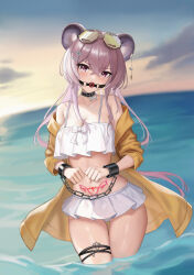 Rule 34 | 1girl, absurdres, animal ears, arknights, ball gag, bikini, black choker, blush, bound, bound wrists, bow, bow bikini, breasts, cartoon bone, character name, choker, cleavage, cowboy shot, crossed bangs, cuffs, dutch angle, ear ornament, earrings, evening, eyewear on head, gaai, gag, hair between eyes, hair ornament, hairclip, highres, jacket, jewelry, large breasts, lin (arknights), looking at viewer, mouse ears, mouse girl, off shoulder, open clothes, open jacket, outdoors, pink eyes, pink hair, pubic tattoo, saliva, solo, star (symbol), star hair ornament, sunglasses, sunset, swimsuit, tattoo, thigh gap, thighs, wading, water, white bikini, yellow jacket