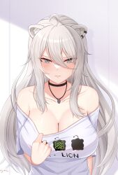 1girl absurdres ahoge animal_ears black_choker blush breasts choker cleavage collarbone grey_eyes grey_hair highres hololive jewelry kuroyamii large_breasts long_hair looking_at_viewer necklace shirt shishiro_botan solo upper_body virtual_youtuber white_shirt