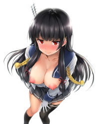 Rule 34 | 1girl, arm under breasts, asymmetrical legwear, black hair, blush, breasts, breasts out, cleavage, closed mouth, collarbone, gloves, grey skirt, isokaze (kancolle), kantai collection, long hair, long sleeves, looking at viewer, medium breasts, nipples, open clothes, open shirt, pleated skirt, red eyes, remodel (kantai collection), school uniform, serafuku, shinozuka jouji, simple background, skirt, smile, solo, striped clothes, striped skirt, thighhighs, uneven legwear, white background, white gloves