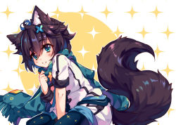 Rule 34 | 1girl, animal ears, artist name, artist request, black hair, blue eyes, blue scarf, blush, borrowed character, commission, fox ears, fox tail, fringe trim, hair between eyes, hair ornament, hand up, hyanna-natsu, leaning forward, looking at viewer, original, parted lips, scarf, short hair, short sleeves, sitting, solo, sparkle, sweatband, tail, tareme, tomboy, two-tone background, x hair ornament
