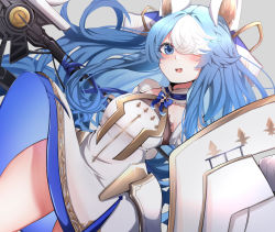Rule 34 | 1girl, animal ears, arm behind back, azur lane, bad id, bad pixiv id, blue eyes, blue hair, dress, fake animal ears, grey background, hair over one eye, highres, holding, holding polearm, holding weapon, long hair, looking at viewer, maille-breze (azur lane), polearm, shield, simple background, solo, tadai nu, very long hair, weapon, white dress, white hair