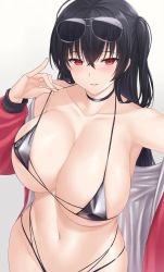 Rule 34 | 1girl, ahoge, areola slip, azur lane, bare shoulders, bikini, bikini pull, black bikini, black choker, black hair, blush, breasts, choker, cleavage, clothes pull, collarbone, covered erect nipples, crossed bangs, huge breasts, jacket, long hair, long sleeves, looking at viewer, multiple straps, navel, off shoulder, official alternate costume, open clothes, open jacket, parted lips, pulled by self, red eyes, red jacket, sama samasa, smile, solo, swimsuit, taihou (azur lane), taihou (enraptured companion) (azur lane)