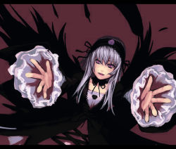 Rule 34 | 00s, 1girl, bad id, bad pixiv id, dress, frills, hairband, outstretched arms, purple eyes, rozen maiden, silver hair, solo, spread arms, suigintou, wings, yuuji (and)