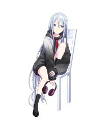 Rule 34 | 1girl, black footwear, black hoodie, black socks, blue eyes, expressionless, full body, grey hair, hair between eyes, headphones, highres, holding, holding headphones, hood, hoodie, long hair, long sleeves, looking to the side, multicolored clothes, multicolored hoodie, non-web source, official art, on chair, project sekai, sitting, socks, solo, straight hair, tachi-e, very long hair, white hoodie, yoisaki kanade