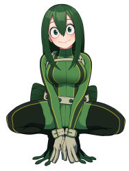 Rule 34 | 1girl, absurdres, asui tsuyu, black eyes, blush, bodysuit, boku no hero academia, breasts, commentary request, frog girl, full body, gloves, goggles, goggles on head, green eyes, green hair, hair between eyes, highres, kobaji, large breasts, long hair, looking at viewer, low-tied long hair, simple background, solo, squatting, superhero costume