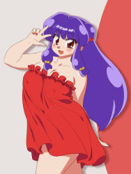 Rule 34 | 1girl, bare legs, bare shoulders, blush, breasts, brown eyes, cleavage, covered erect nipples, cowboy shot, dress, happy, highres, large breasts, long hair, mage (harumagedon), nail polish, open mouth, purple hair, ranma 1/2, red dress, red nails, shampoo (ranma 1/2), simple background, smile, solo, standing, strapless, strapless dress, two-tone background