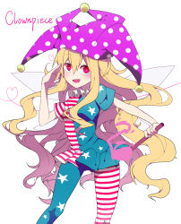 Rule 34 | 1girl, american flag dress, american flag legwear, bing zizi, blonde hair, blush, character name, clownpiece, fairy wings, fang, hat, heart, highres, jester cap, long hair, open mouth, outstretched arm, pantyhose, print pantyhose, red eyes, short sleeves, simple background, smile, solo, star (symbol), striped, touhou, white background, wings