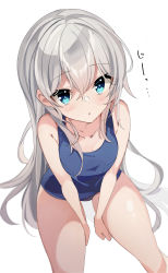 Rule 34 | 1girl, absurdres, bare arms, bare legs, bare shoulders, blue eyes, blue one-piece swimsuit, blush, collarbone, fathom, hair between eyes, hibiki (kancolle), highres, kantai collection, long hair, one-piece swimsuit, parted lips, simple background, solo, swimsuit, white background, white hair