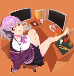 Rule 34 | 1girl, absurdres, barefoot, black skirt, breasts, feet on table, gridman universe, highres, jacket, keyboard (computer), knife, large breasts, light purple hair, long sleeves, looking at viewer, miniskirt, monitor, mouse (computer), off shoulder, open mouth, paintbrush, pleated skirt, purple jacket, red eyes, semham, shinjou akane, shirt, short hair, sitting, skirt, solo, ssss.gridman, swivel chair, toes, white shirt