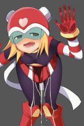 Rule 34 | 1girl, absurdres, bent over, blonde hair, blush, bodystocking, boots, bracelet, breasts, capcom, dress, female focus, gloves, grey background, hand on glass, harp note (mega man), helmet, highres, jewelry, knee boots, kurutsuki, long scarf, looking at viewer, mega man (series), mega man star force, open mouth, peeing, peeing self, red dress, red footwear, red headwear, scarf, small breasts, sonia strumm (mega man), striped clothes, striped gloves, tearing up, visor, white scarf