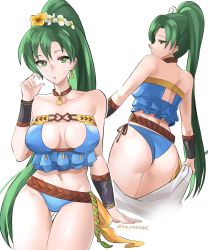 Rule 34 | 1girl, absurdres, ass, bare shoulders, breasts, breasts apart, fire emblem, fire emblem: the blazing blade, flower, gluteal fold, green eyes, green hair, hair flower, hair ornament, high ponytail, highres, long hair, looking at viewer, lyn (fire emblem), lyn (summer) (fire emblem), medium breasts, nintendo, ponytail, solo, thigh gap, tommy (kingdukeee), twitter username, very long hair, wrist guards