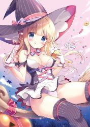 Rule 34 | 1girl, blonde hair, blue eyes, blush, bow, breasts, broom, candy, cleavage, clothes lift, cloud, cupcake, food, gloves, gradient sky, halloween, hat, highres, licking lips, long hair, looking at viewer, medium breasts, miyasaka naco, original, panties, pumpkin, ribbon, skirt, skirt lift, sky, smile, solo, star (symbol), thighhighs, tongue, tongue out, underwear, upskirt, wand, witch, witch hat