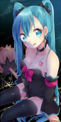 Rule 34 | 1girl, :q, aqua eyes, aqua hair, breasts, broom, broom riding, choker, cleavage, colored eyelashes, detached sleeves, earrings, hatsune miku, jewelry, long hair, matatabi dango, night, sidesaddle, solo, tattoo, thighhighs, tongue, tongue out, twintails, very long hair, vocaloid