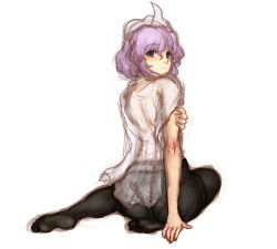 Rule 34 | 1girl, black pantyhose, crotch seam, female focus, from behind, hat, kuro suto sukii, letty whiterock, light purple hair, looking back, no pants, panties, panties under pantyhose, pantyhose, purple eyes, see-through, short hair, simple background, sitting, sketch, solo, touhou, underwear