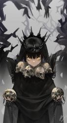 Rule 34 | 1girl, absurdres, black cloak, black hair, black nails, chain, cloak, closed mouth, crown, dated, fingernails, highres, holding, holding skull, jewelry, long fingernails, long hair, looking at viewer, nail polish, original, ring, sharp fingernails, signature, skull, solo, very long fingernails, very long hair, xiao chichi, yellow eyes