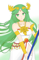 Rule 34 | ancient greek clothes, armlet, bare shoulders, blush, breasts, chiton, collar, dress, forehead jewel, gold, green eyes, green hair, highres, jewelry, kid icarus, kid icarus uprising, laurel crown, long hair, nintendo, palutena, parted bangs, pendant, side slit, single thighhigh, strapless, strapless dress, thighhighs, vambraces, very long hair, white dress