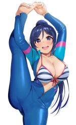Rule 34 | 1girl, barefoot, blue hair, blush, bodysuit, breasts, cleavage, commentary request, diving suit, highres, igarashi kyouhei, long hair, love live!, love live! sunshine!!, matsuura kanan, open bodysuit, open clothes, open mouth, ponytail, purple eyes, purple hair, split, standing, standing on one leg, standing split, wetsuit, white background