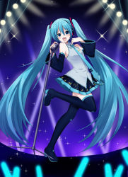 Rule 34 | 1girl, aqua eyes, aqua hair, aqua necktie, bare shoulders, belt, black skirt, black thighhighs, commentary, concert, detached sleeves, from side, full body, glowstick, grey shirt, hair ornament, hand on own chest, hatsune miku, headphones, holding, holding microphone, leg up, long hair, looking at viewer, microphone, microphone stand, music, necktie, penlight (glowstick), shirt, singing, skirt, sleeveless, sleeveless shirt, solo, sparkle, spotlight, stage, sudachi (calendar), thighhighs, twintails, very long hair, vocaloid, zettai ryouiki