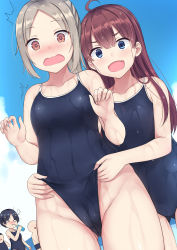 Rule 34 | 0 0, 1boy, 4girls, :d, ^^^, ahoge, bare arms, bare shoulders, black hair, black one-piece swimsuit, blue eyes, blue sky, blush, breasts, brown eyes, cameltoe, chibi, chibi inset, cleft of venus, clothes lift, collarbone, commentary request, competition school swimsuit, cowboy shot, day, drinking, fang, frontal wedgie, gluteal fold, groin, highres, lifted by self, looking down, mizunashi kenichi, multiple girls, nose blush, one-piece swimsuit, open mouth, original, outdoors, parted bangs, ponytail, purple hair, school swimsuit, short hair, sky, small breasts, smile, swimsuit, swimsuit lift, triangle mouth, v-shaped eyebrows, water, wavy mouth, wedgie, wet, wet hair, wide-eyed