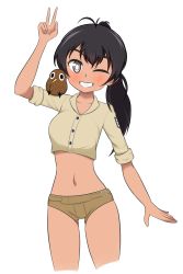 Rule 34 | 1girl, absurdres, bird, black hair, blush, breasts, brown shorts, collarbone, grey eyes, grin, highres, kiwi (bird), long hair, looking at viewer, luminous witches, manaia matawhaura hato, midriff, navel, ponytail, shorts, simple background, small breasts, smile, standing, v, white background, world witches series, yuriseagull