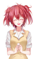Rule 34 | 10s, 1girl, ^ ^, akuma no riddle, blush, cellphone charm, charm (object), closed eyes, holding, ichinose haru, open mouth, red hair, school uniform, short hair, simple background, smile, solo, sweater vest, twintails, white background, yue (pixiv4635680)