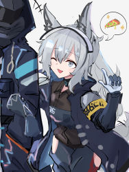 Rule 34 | 1girl, 1other, :3, :d, animal ears, arknights, armband, asususususu, black jacket, black shirt, commentary request, doctor (arknights), food, gloves, grani (arknights), grey eyes, hair between eyes, highres, holding another&#039;s arm, hood, hood up, hooded jacket, horse ears, horse girl, horse tail, index finger raised, jacket, long hair, one eye closed, open clothes, open jacket, open mouth, pizza, pizza slice, ponytail, shirt, silver hair, simple background, smile, speech bubble, tail, visor cap, white background
