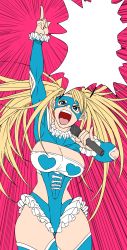 Rule 34 | 1girl, absurdres, arm up, blank speech bubble, blonde hair, blue eyes, breasts, cai-man, cleavage, emphasis lines, frills, heart, highres, large breasts, leotard, long hair, microphone, open mouth, pointing, pointing up, rainbow mika, simple background, solo, speech bubble, street fighter, street fighter v, striped, striped background, thick thighs, thigh gap, thighs, twintails, wrestling mask, wrestling outfit