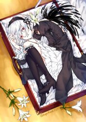 Rule 34 | 1girl, accelerator (toaru majutsu no index), albino, ambiguous gender, androgynous, backless dress, backless outfit, black dress, black footwear, black hairband, black wings, boots, briefcase, cosplay, dress, fetal position, flower, frilled dress, frills, from above, full body, genderswap, genderswap (mtf), gloom (expression), gothic lolita, hair flower, hair ornament, hairband, hand in own hair, high heel boots, high heels, highres, hopetrash555, knee boots, knees to chest, lace-trimmed hairband, lace trim, lily (flower), lolita fashion, long sleeves, looking at viewer, lying, on side, open mouth, painting (medium), pale skin, red eyes, sanpaku, short hair, signature, skirt, solo, suigintou, suzushina yuriko, toaru majutsu no index, traditional media, watercolor (medium), watercolor effect, white hair, white skirt, wings, yellow background