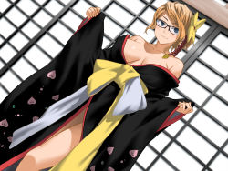 Rule 34 | 1girl, bare shoulders, black-framed eyewear, blue eyes, breasts, breasts apart, cleavage, closed mouth, clownculture, cosplay, glasses, happy, highres, indoors, japanese clothes, kimono, large breasts, legs, looking at viewer, nami (one piece), nami (one piece) (cosplay), obi, off shoulder, one piece, one piece: pirate warriors, orange hair, original, sash, short hair, side ponytail, smile, solo, standing, thighs, wide sleeves